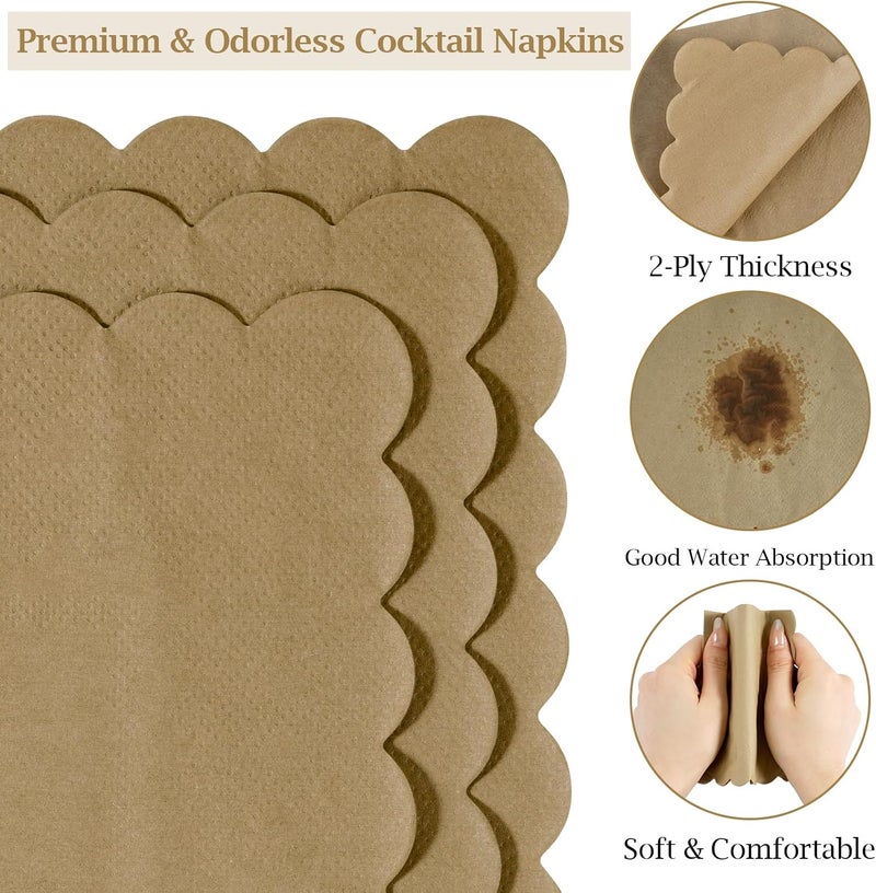 Hoiny 100 Pcs Cocktail Napkins, 2-Ply 5 x 5 Inches Disposable Scalloped Napkins, Thick Premium Dessert Napkins for Party, Wedding, Dinner, Birthday, Anniversary, Festival (Brown) - Image 3